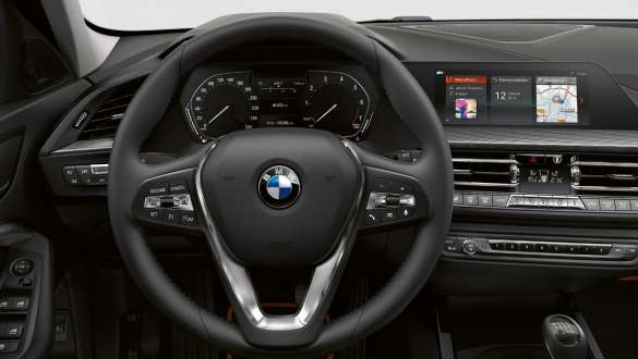 Sport leather steering wheel. Cockpit of the BMW 1 Series Model Sport Line with Sport leather steering wheel.