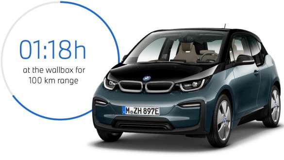 BMW i3 I01 Blue Ridge Mountain metallic with Frozen Grey metallic highlight three-quarter front view BMW i3 I01 Blue Ridge Mountain metallic with Frozen Grey metallic highlight three-quarter front view