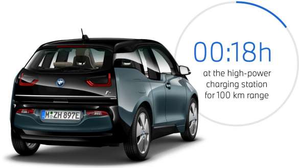 BMW i3 I01 Blue Ridge Mountain metallic with Frozen Grey metallic highlight three-quarter rear view BMW i3 I01 Blue Ridge Mountain metallic with Frozen Grey metallic highlight three-quarter rear view