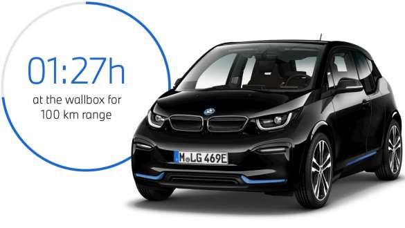 BMW i3s I01 Fluid Black with BMW i Blue highlight three-quarter front view BMW i3s I01 Fluid Black with BMW i Blue highlight three-quarter front view