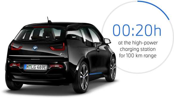 BMW i3s I01 Fluid Black with BMW i Blue highlight three-quarter rear view BMW i3s I01 Fluid Black with BMW i Blue highlight three-quarter rear view