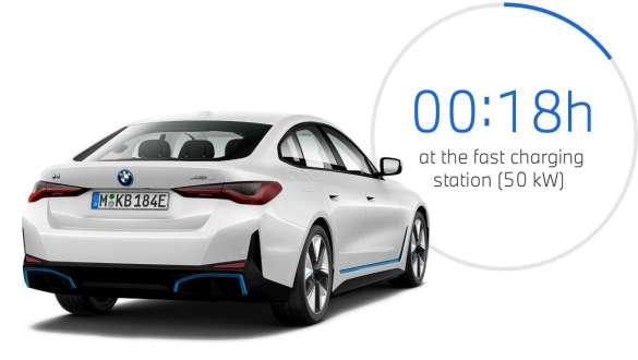 BMW i4 eDrive40 G26 2021 three-quarter rear view with graph on charging time BMW i4 eDrive40 G26 2021 three-quarter rear view with graph on charging time