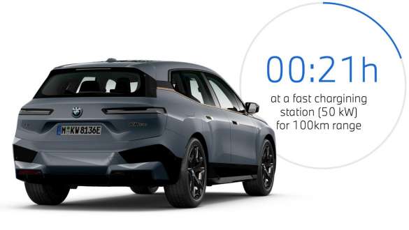 BMW iX M60 i20 2022 electric SUV BMW Individual Storm Bay metallic three-quarter rear view with charging time graphic