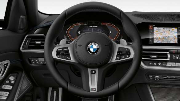 Variable sport steering cockpit BMW M340i xDrive Sedan G20 2020 Variable sport steering BMW M340i xDrive Sedan G20 2020 Sapphire Black metallic cockpit interior
