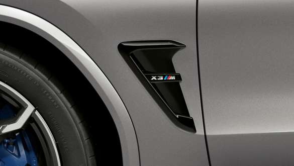 BMW X3 M Competition SUV F97, M gills with model designation. BMW X3 M Competition SUV F97 in Donington Grey metallic, exterior, M gills in Black high-gloss with model designation.