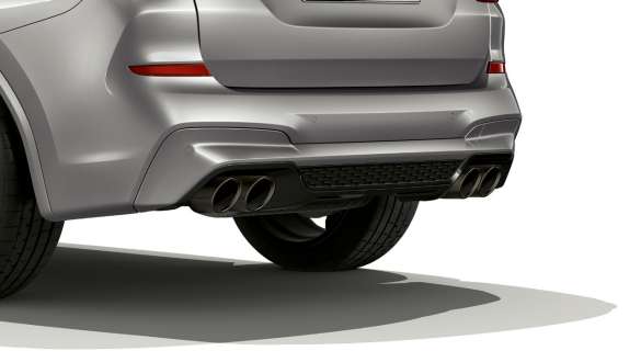 M Sport exhaust system F97. BMW X3 M Competition SUV F97 in Donington Grey metallic, exterior, rear view with M Sport exhaust system.