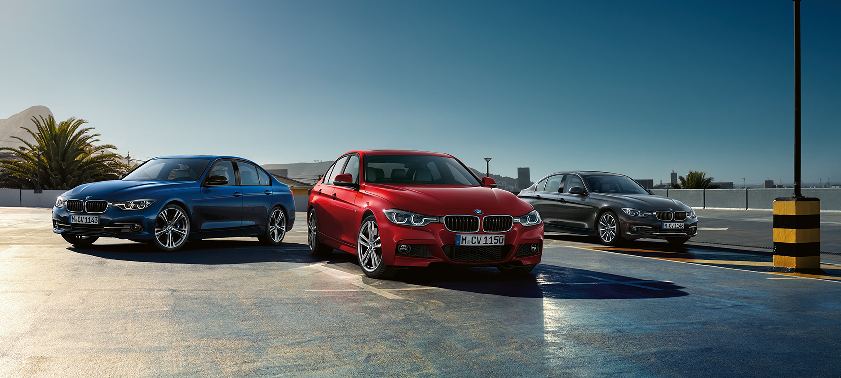 BMW 3-Series Sedan trio: bright blue, red, black BMW 3-Series Sedan trio: bright blue, red, black
