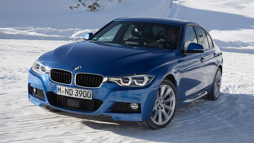 BMW 3 Series Sedan F30 sixth generation three-quarter front view on snow BMW 3 Series models BMW 3 Series Sedan F30 sixth generation three-quarter front view on snow