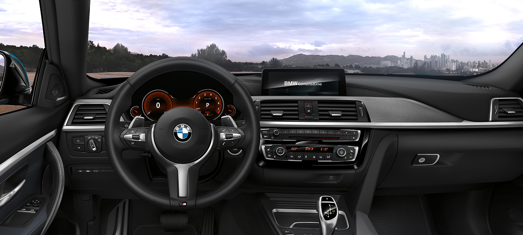 BMW 4-Series Coupe black inside: far away city view BMW 4-Series Coupe black inside: far away city view