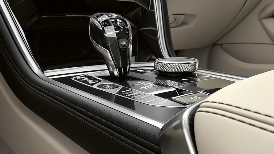 Close-up of the middle console of BMW 8 Series Coupé.