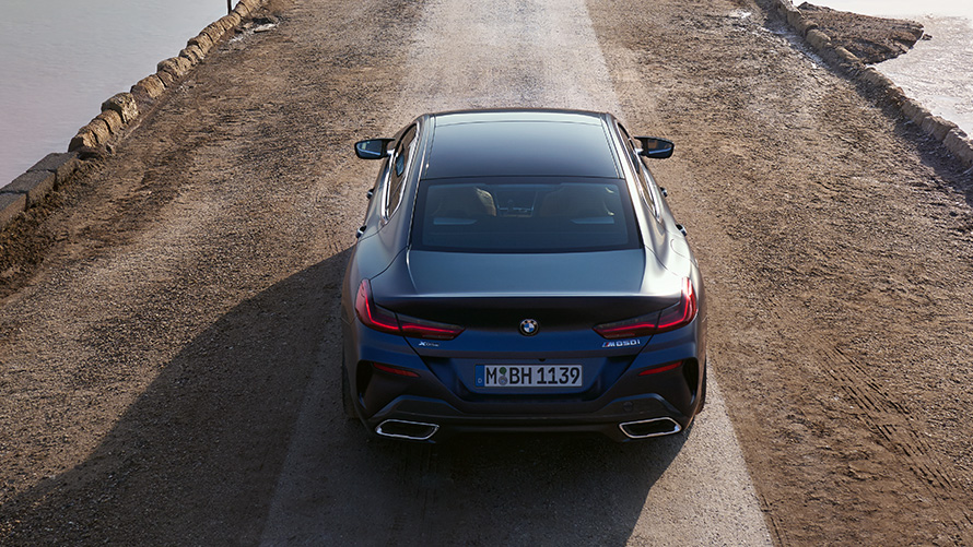 BMW M850i xDrive Gran Coupé G16 LCI Facelift 2022 BMW Individual Frozen Tanzanite Blue metallic rear from bird’s eye view BMW M850i xDrive Gran Coupé G16 LCI Facelift 2022 BMW Individual Frozen Tanzanite Blue metallic rear from bird’s eye view