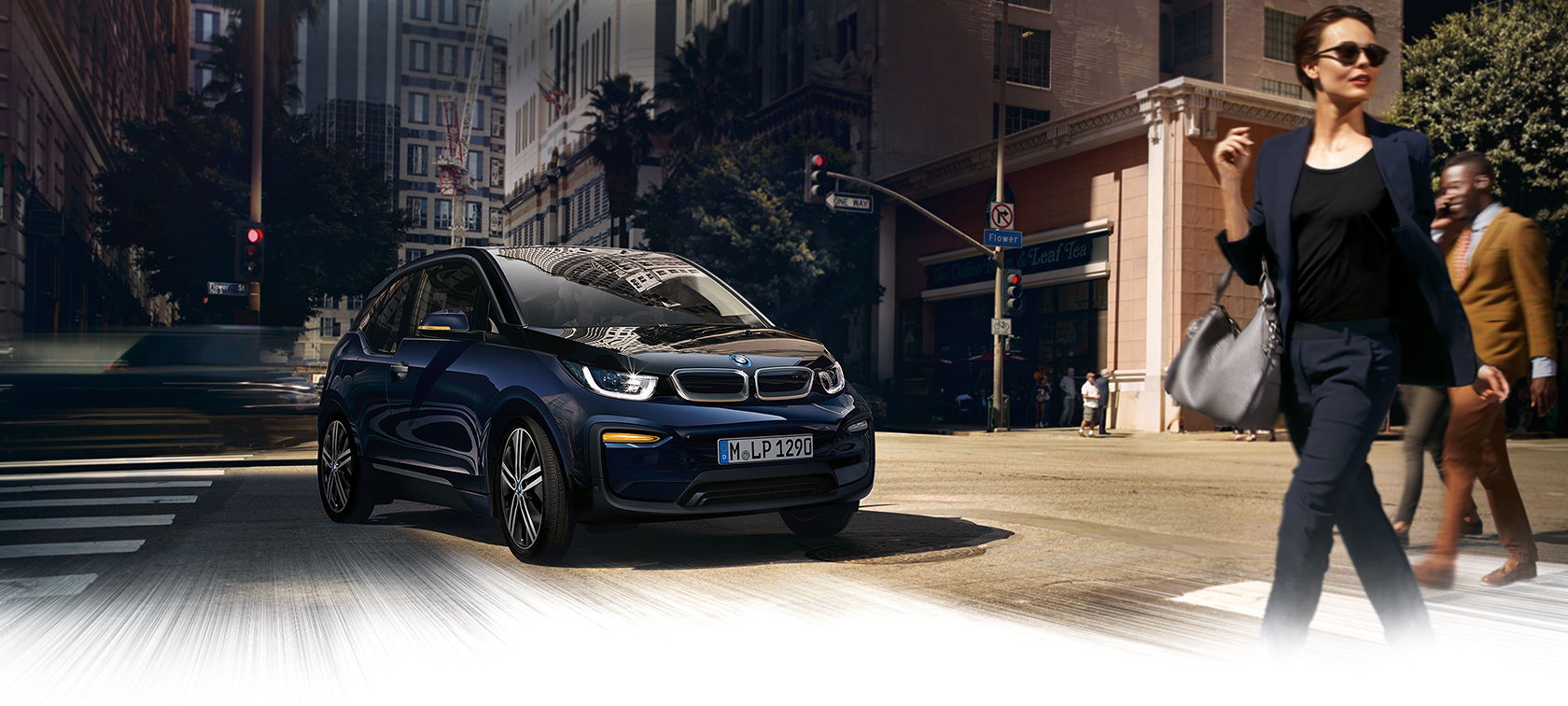 BMW i-Series i3 dark blue city car on crossway BMW i-Series i3 dark blue city car on crossway