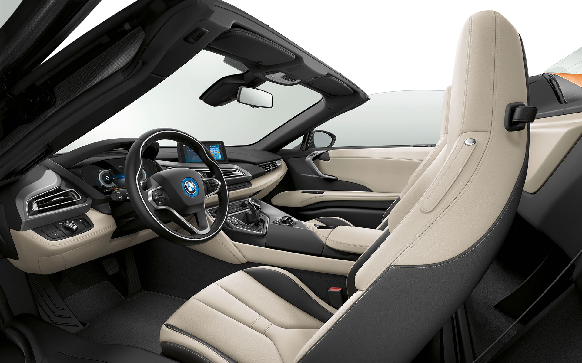 BMW i-Series i8 Roadster white and grey interior: front view BMW i-Series i8 Roadster white and grey interior: front view