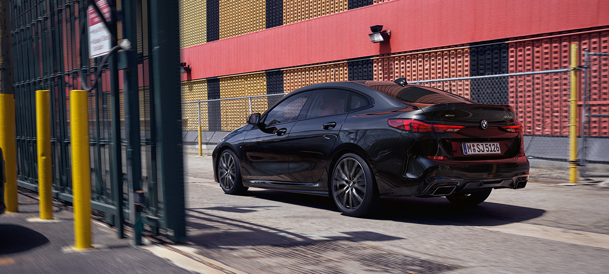 M Performance package BMW M235i xDrive Gran Coupé F44 M Performance package BMW M235i xDrive Gran Coupé F44 Black Sapphire metallic three-quarter side view
