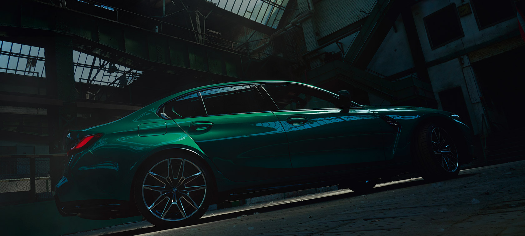 BMW M3 Sedan G80 2020 side view worm's-eye view BMW M3 Sedan G80 2020 Isle of Man Green metallic side view worm's-eye view