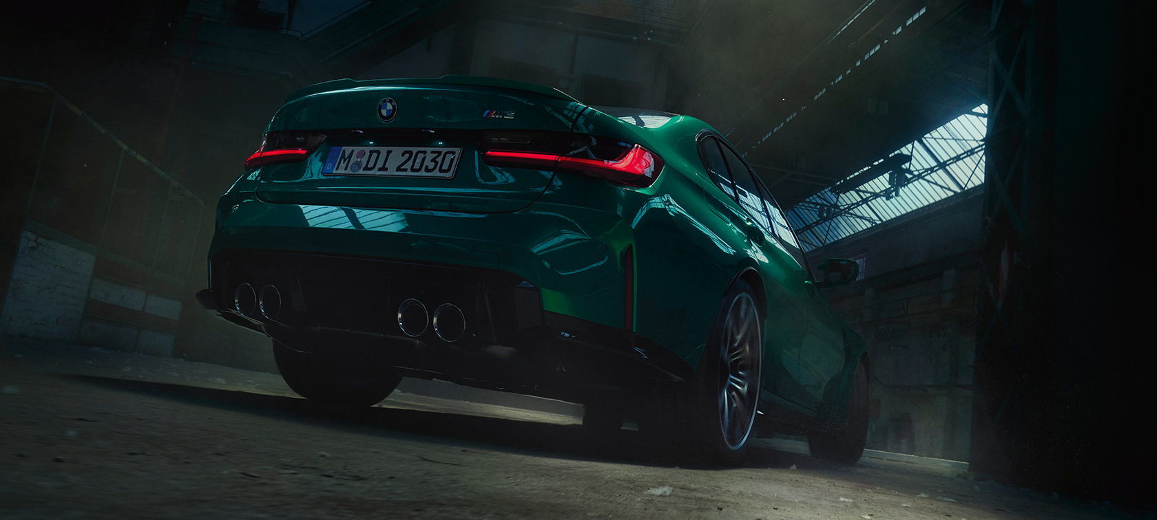 BMW M3 Sedan G80 2020 three-quarter rear worm's-eye view BMW M3 Sedan G80 2020 Isle of Man Green metallic three-quarter rear view worm's-eye view