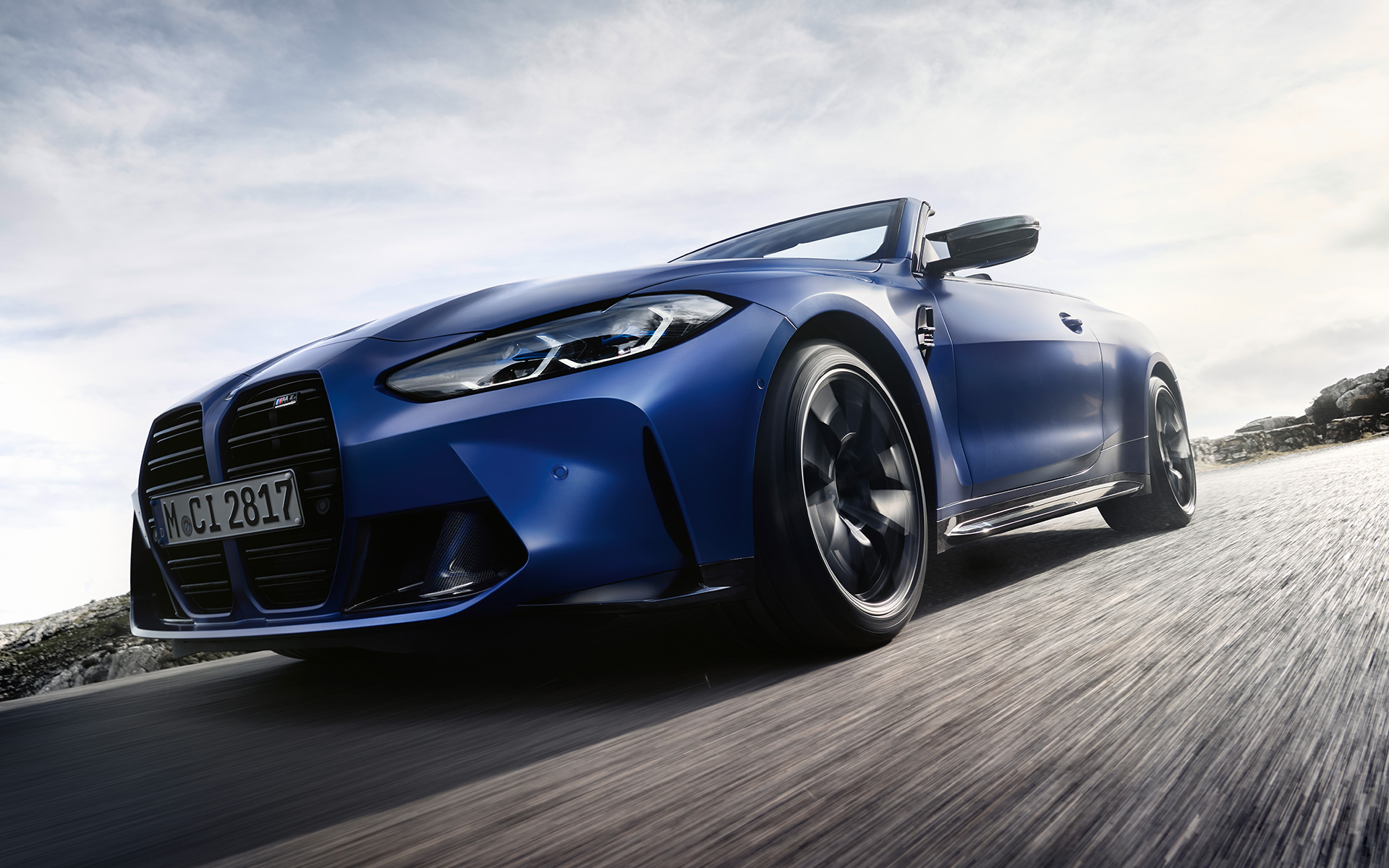 BMW M4 Competition Convertible with M xDrive G83 2021 BMW Individual Frozen Portimao Blue metallic front kidney gille low angle shot 