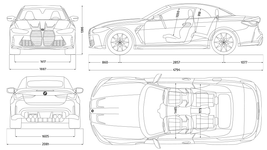 BMW M4 Competition Convertible with M xDrive G83 2021 Line drawing side view BMW M4 Competition Convertible with M xDrive G83 2021 line drawing dimensions side view