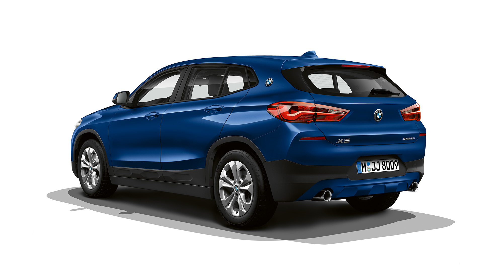 Three quarter rear view BMW X2 sDrive20i SUV F39 model advantage BMW X2 sDrive20i SUV model advantage 2018 F39 Mediterranean Blue metallic three quarter rear view