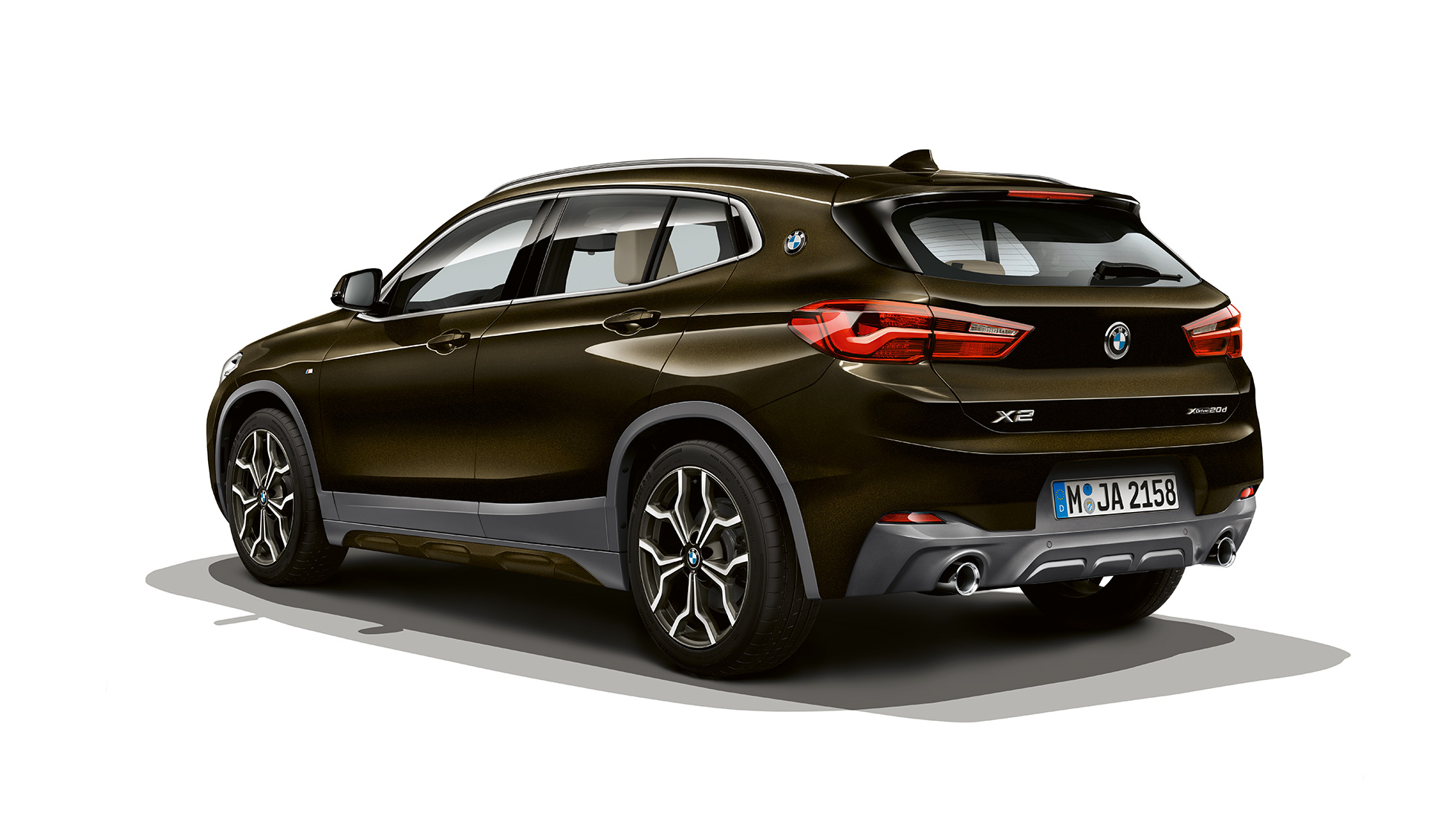 Three quarter rear view BMW X2 sDrive20i SUV model M Sport X F39 BMW X2 sDrive20i SUV model M Sport X 2018 F39 Sparkling Storm brilliant effect three quarter rear view
