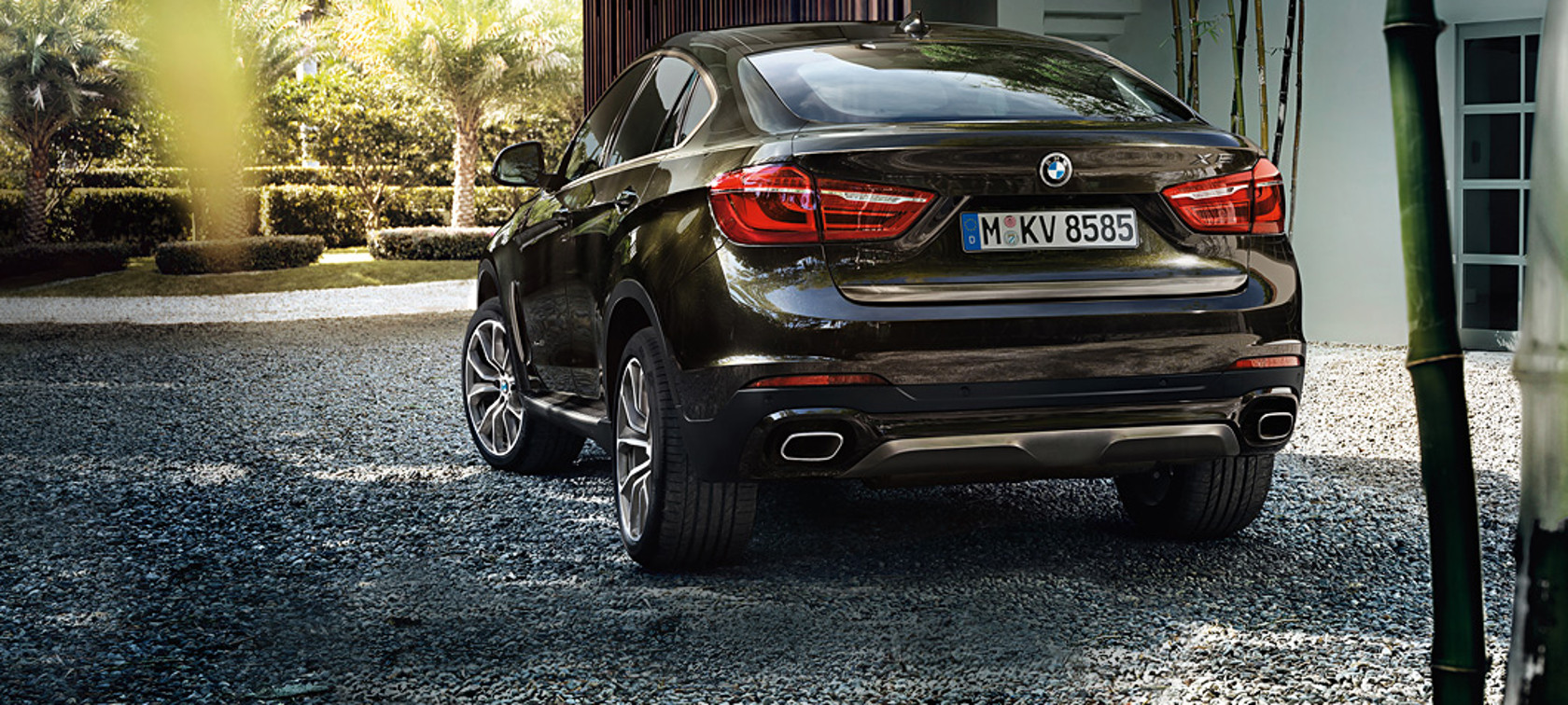 BMW X-Series X6 black: back view: parked in garden BMW X-Series X6 black: back view: parked in garden