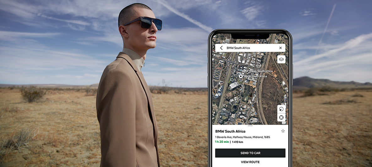 My BMW App manage my trips and send to car man in desert My BMW App manage my trips and send to car man in desert